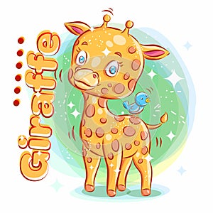 Cute Giraffe Play with Blue Bird.Colorful Cartoon Illustration