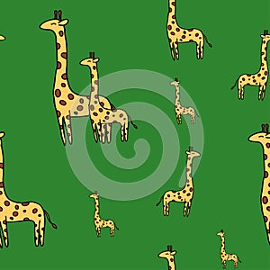 Cute giraffe seamless vector pattern on green