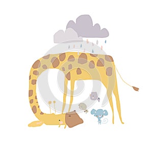 Cute Giraffe shelters Mouse and Birds from the rain
