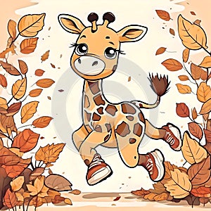 Cute Giraffe skipping in the forest