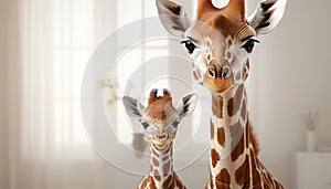 Cute giraffe toy looking at camera, spotted zebra family generated by AI