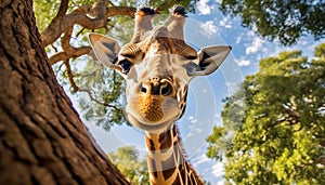 A cute giraffe in the wild, looking at the camera generated by AI