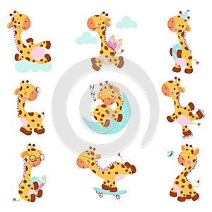 Cute giraffes, baby giraffe poses cartoon collection. Kids exotic zoo animal characters, adorable wild safari africa