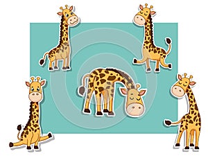 Cute Girffes Cartoon Sticker Set. Vector Illustration With Cartoon Happy Animal