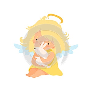 Cute Girl Angel with Nimbus and Wings Holding White Rabbit, Lovely Baby Cartoon Character in Cupid or Cherub Costume