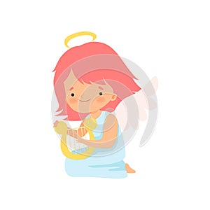 Cute Girl Angel with Nimbus and Wings Playing Harp, Lovely Baby Cartoon Character in Cupid or Cherub Costume Vector