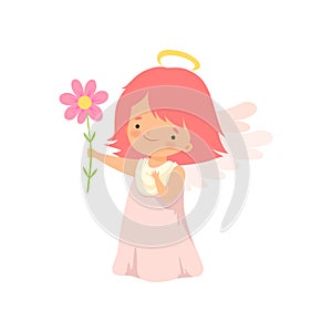 Cute Girl Angel with Nimbus and Wings Standing with Flowers, Lovely Baby Cartoon Character in Cupid or Cherub Costume