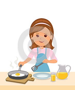 Cute girl in an apron prepares an omelet. Mom to cook breakfast. Concept design of motherhood and household chores