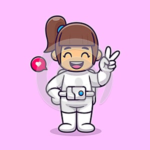 Cute Girl Astronaut With Peace Hand Cartoon Vector Icon Illustration.