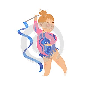 Cute Girl Athlete Doing Gymnastics with Ribbon Vector Illustration