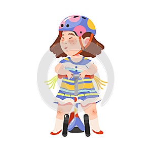 Cute Girl Athlete in Helmet Riding Scooter Vector Illustration