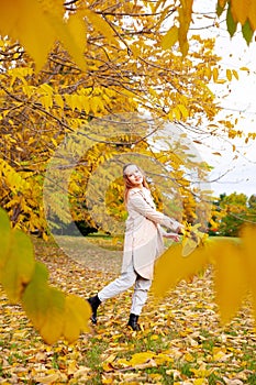 Cute girl on  autumn day against  background of yellow leaves