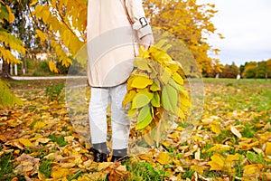 Cute girl on  autumn day against  background of yellow leaves