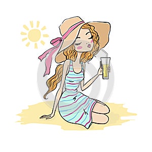Cute girl on the beach. Vector illustration