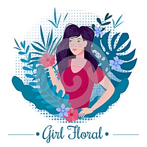 Cute girl beauty with long romantic hair among the leaves and flowers of exotic plants summer in a T-shirt. Illustration