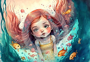 A cute girl with big green eyes among the waves and fish illustration in a watercolor style.