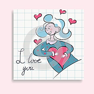 A cute girl with a big heart in her hands. You are my Valentine. Love cards. Drawing, doodle