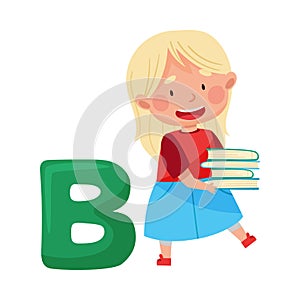 Cute Girl with Blonde Hair Holding Pile of Books and Standing Near Alphabet B Letter Vector Illustration