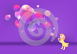 Cute girl blowing bubble fancy purple, cartoon creative dreaming fantasy concept abstract background vector illustration