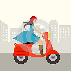 Cute girl with blue dress riding red scooter concept vector illustration. She has a helmet on her head. Woman ride a motorcycle in
