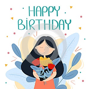 Cute girl with bouquet flowers illustration with happy birthday lettering on isolated background.