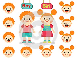 Cute girl and boy with faces showing different emotions