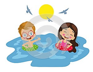 cute Girl And Boy Friend Swimming ÃÂ°n Pool