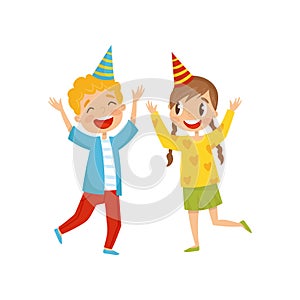 Cute girl and boy in party hats having fun at birthday party cartoon vector Illustration on a white background