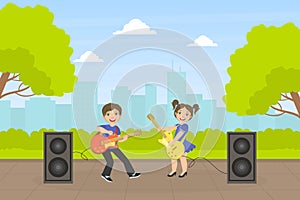 Cute Girl and Boy Playing Guitars Outdoors, Talented Young Musicians Performing at Concert or Music Festival Vector