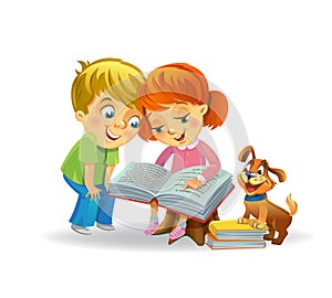 Cute girl and boy reading book