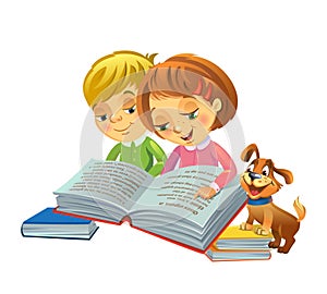 Cute girl and boy reading book