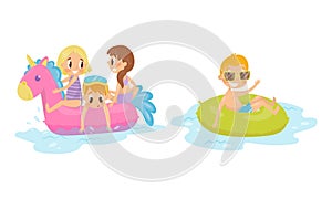 Cute Girl and Boy Swimming with Rubber Ring Vector Illustration Set