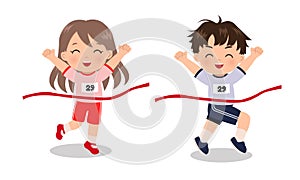 Cute girl and boy winning first place in running race competition.