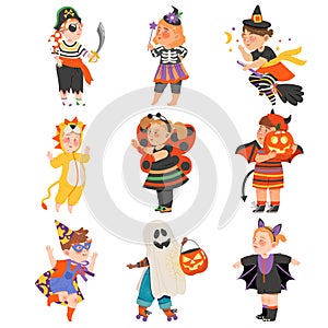 Cute Girl and Boys in Halloween Costumes Set, Little Child Dressed as Lion, Pumpkin, Devil, Magician, Witch, Happy