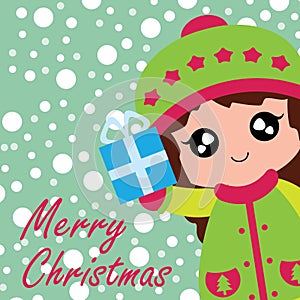 Cute girl brings Xmas box gift suitable for Christmas card