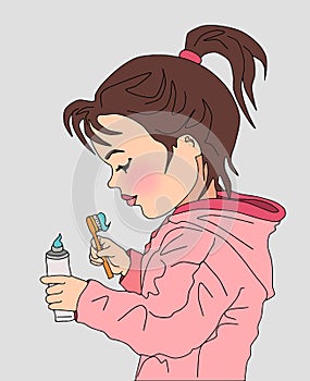 Cute girl and brushing teeth , toothpaste, toothbrush, dental health, wellness, health, kid, girl child, medicine, child education