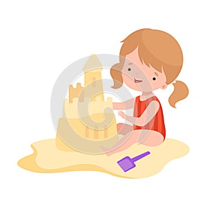 Cute Girl Building Sandcastle, Kids Summer Activities, Adorable Child Having Fun on Beach on Holidays Cartoon Vector
