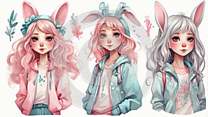 cute girl bunnies in pastel colors