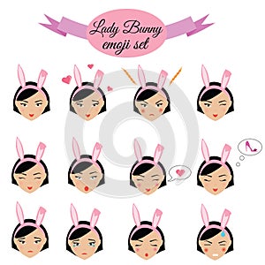 Cute girl with bunny ears emoji set. Lady emoticons, design elements