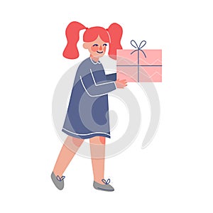 Cute Girl Carrying Gift Box Decorated with Ribbon Bow, Birthday Patrty, Christmas or New Year Holidays Celebration