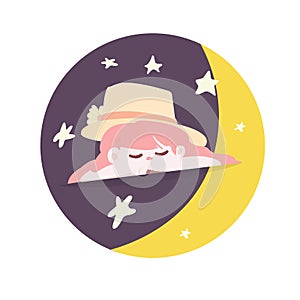 Cute girl cartoon sleep in circle with moon and star vector illustration.Illustration kawaii girl