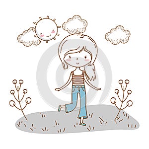 Cute girl cartoon stylish outfit nature sunny background