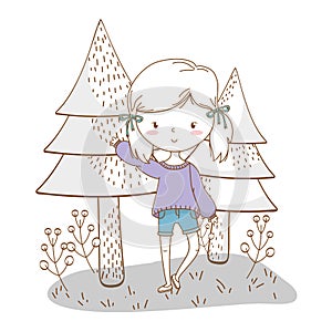 Cute girl cartoon stylish outfit nature trees background