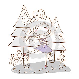Cute girl cartoon stylish outfit nature trees background