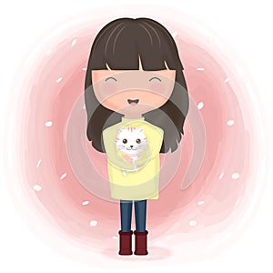 Cute girl and cat cartoon illustration watercolor