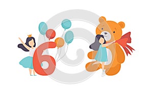 Cute Girl Celebrating her Sixth Birthday, Kid Hugging her Huge Teddy Bear Toy Cartoon Vector Illustration