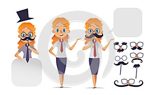 Cute girl character with glasses, various shape mustaches, and hat. Mustache constructor. Movember character. Vector