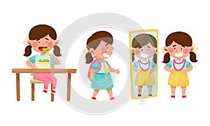 Cute Girl Character Going to School with Backpack, Standing Near Mirror with Necklace and Eating Broccoli Vector