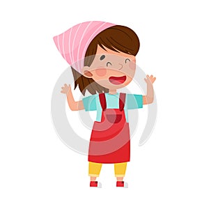 Cute Girl Character in Headkerchief and Apron Standing at Kitchen Vector Illustration photo