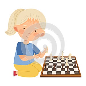 Cute Girl Character Sitting and Playing Chess Vector Illustration